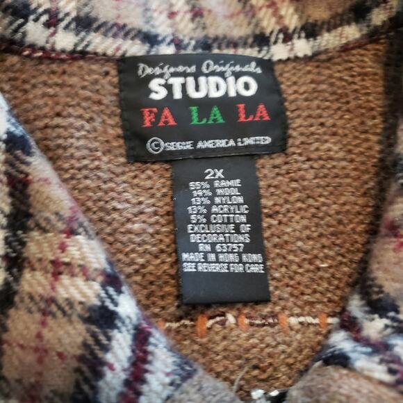 Holiday patchwork winter wool blend sweater vest brown full zip 2x - Picture 3 of 4